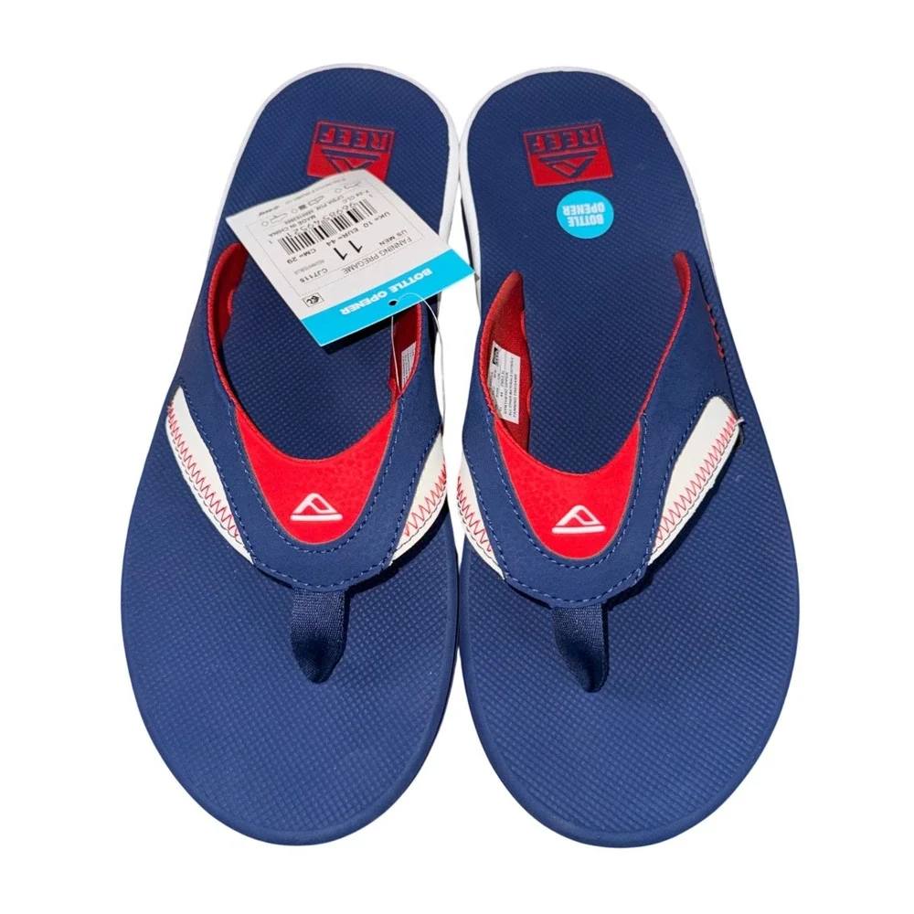 NEW Reef Fanning Pregame Mens 11 Flip Flop Blue Red White Bottle Opener CJ7115